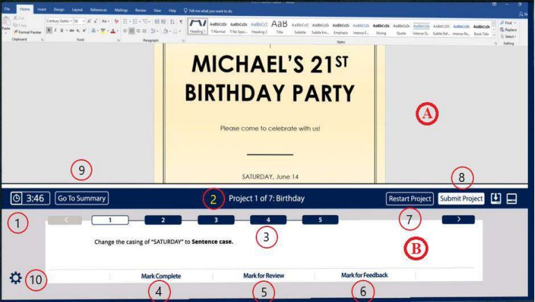 Giao diện bài thi MOS 365 dạng Multi-Project