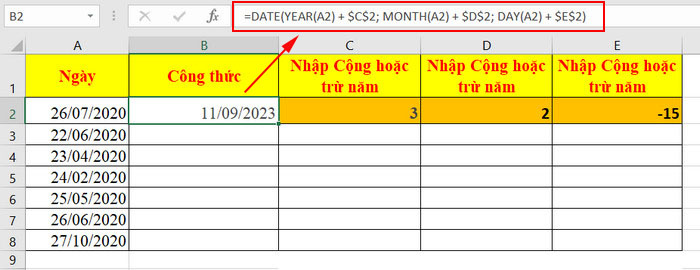 thêm hoặc trừ ngày tháng năm