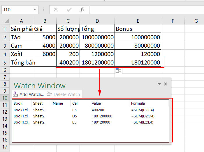 Kết quả add watch windows